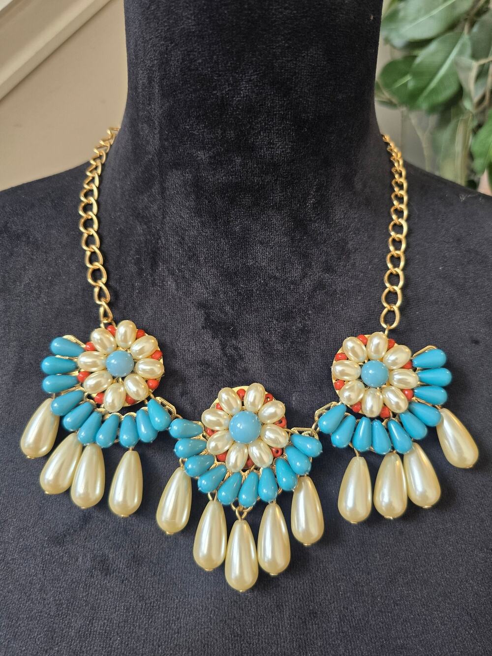 Turquoise Ivory Floral Bib Statement Necklace